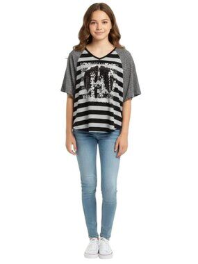 Knitworks Girl's Black Gray Striped Sequin Peace Sign Dolman Sleeve Top Size XL